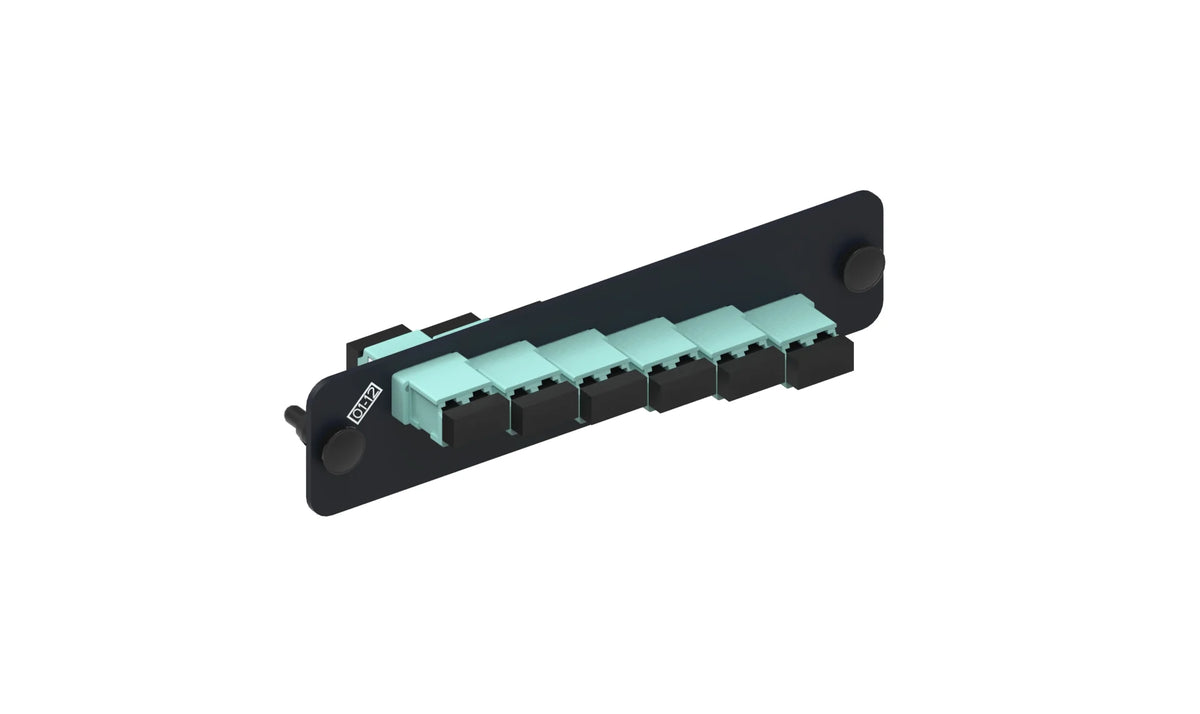 Commscope PNL-BK-012-KFA-LC02-AQ-NS | Adapter Pack, Black, 1000-Type, with 6 duplex keyed LC adapters, aqua, no shutter