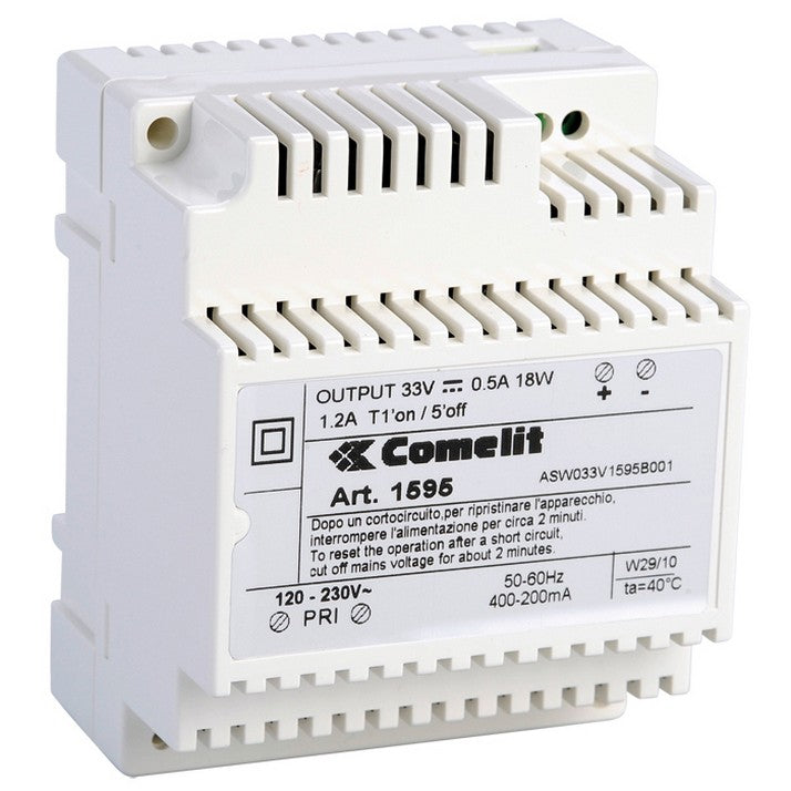 Comelit 1595 | Entrance Panel Power Supply Unit, 110 to 230 Volt AC Input, 33 Volt DC 500 Milliampere Output, 1.2 Ampere, 4-DIN Module, 71.7 MM Width x 90 MM Depth x 62 MM Height