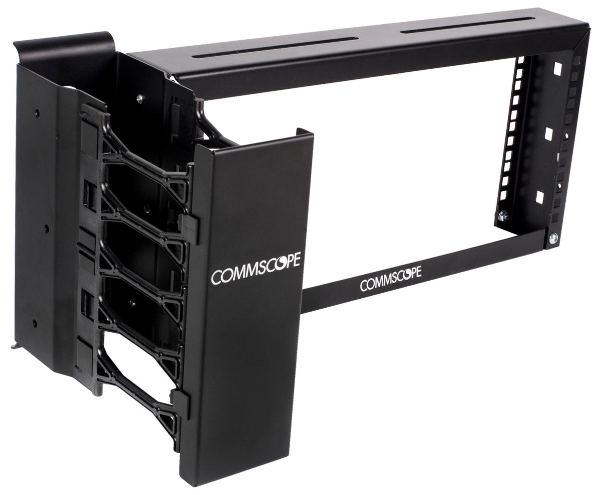 Commscope OVRHDRACKVCM | 3 in (76 mm) Channel x 9.4in (239 mm) H - 19 in (482.6 mm) Overhead Patch Panel Rack (4U) 3/8 Sq Punch, Black, with mini VCM