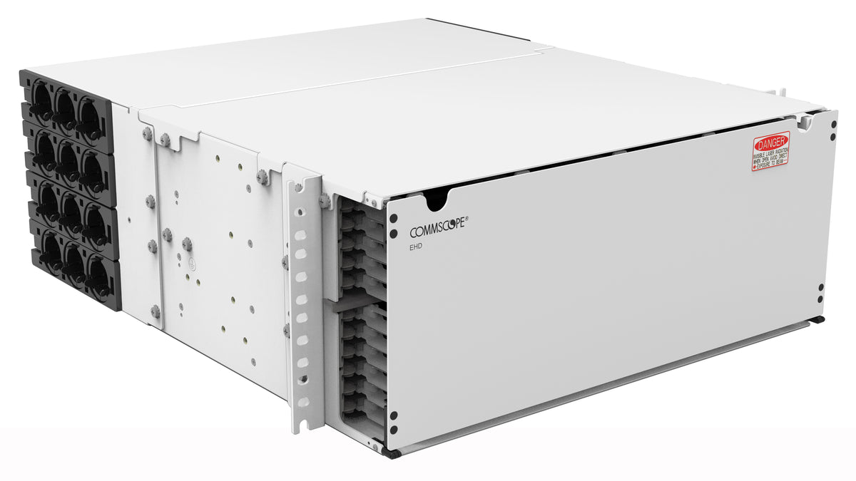 Commscope EHD-4U-W | SYSTIMAX EHD 4U sliding tray fiber panel, accepts (24) EHD ULL modules, splice cassettes or MPO panels, providing up to 288 duplex LC ports or up to 288 MPO ports, white, High Speed Migration