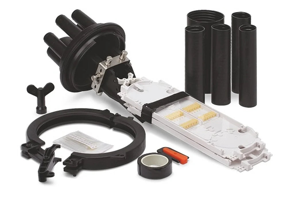Commscope FOSC400B2121BGV | FOSC 400 B2 Fiber Optic Splice Closure, Heat Shrink Cable sealing, one pre-installed 12-splice tray, cable blocking, ground feedthrough lugs, with test valve