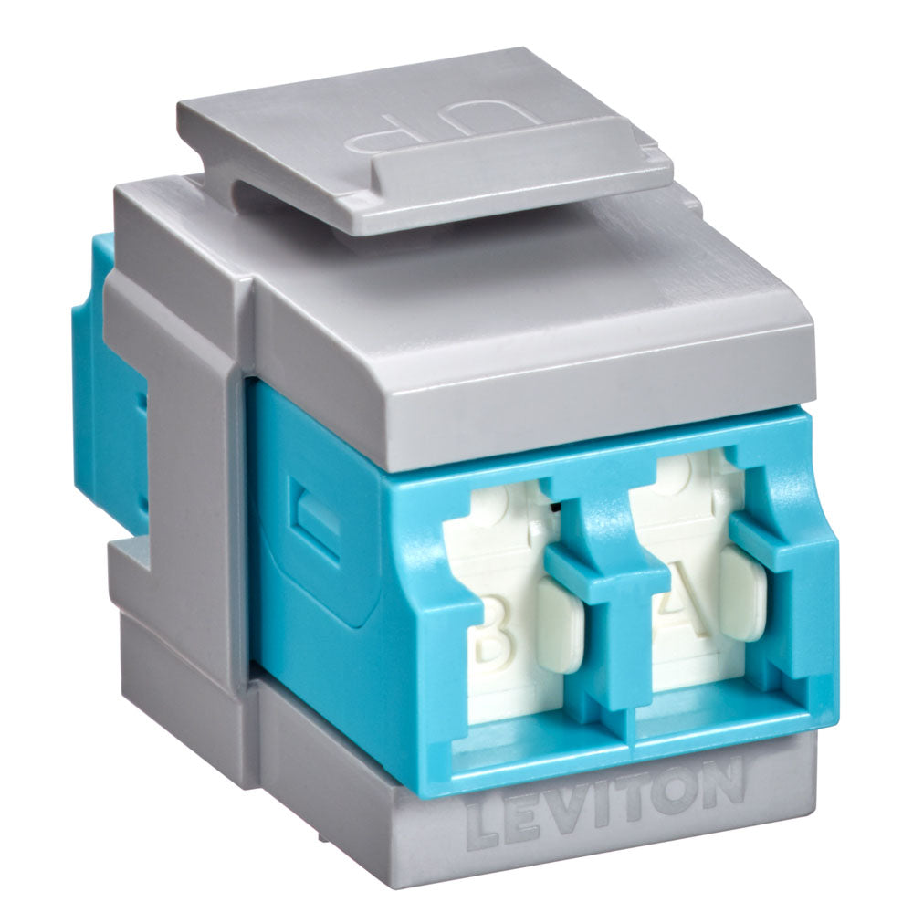 Leviton 41086-LLG | QuickPort Duplex LC Adapter, Shuttered, 10G LOMM, Zirconia Ceramic Sleeve, Aqua/Gray