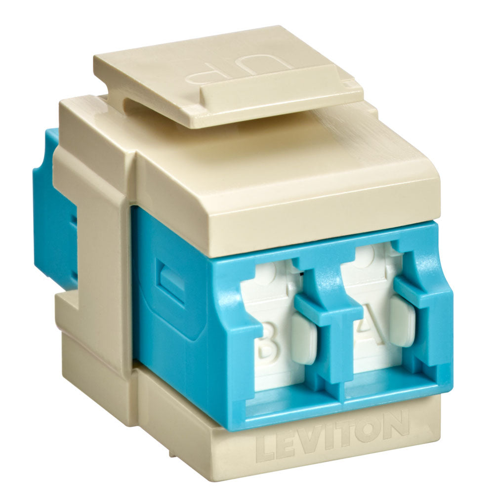 Leviton 41086-LLI | QuickPort Duplex LC Adapter, Shuttered, 10G LOMM, Zirconia Ceramic Sleeve, Aqua/Ivory