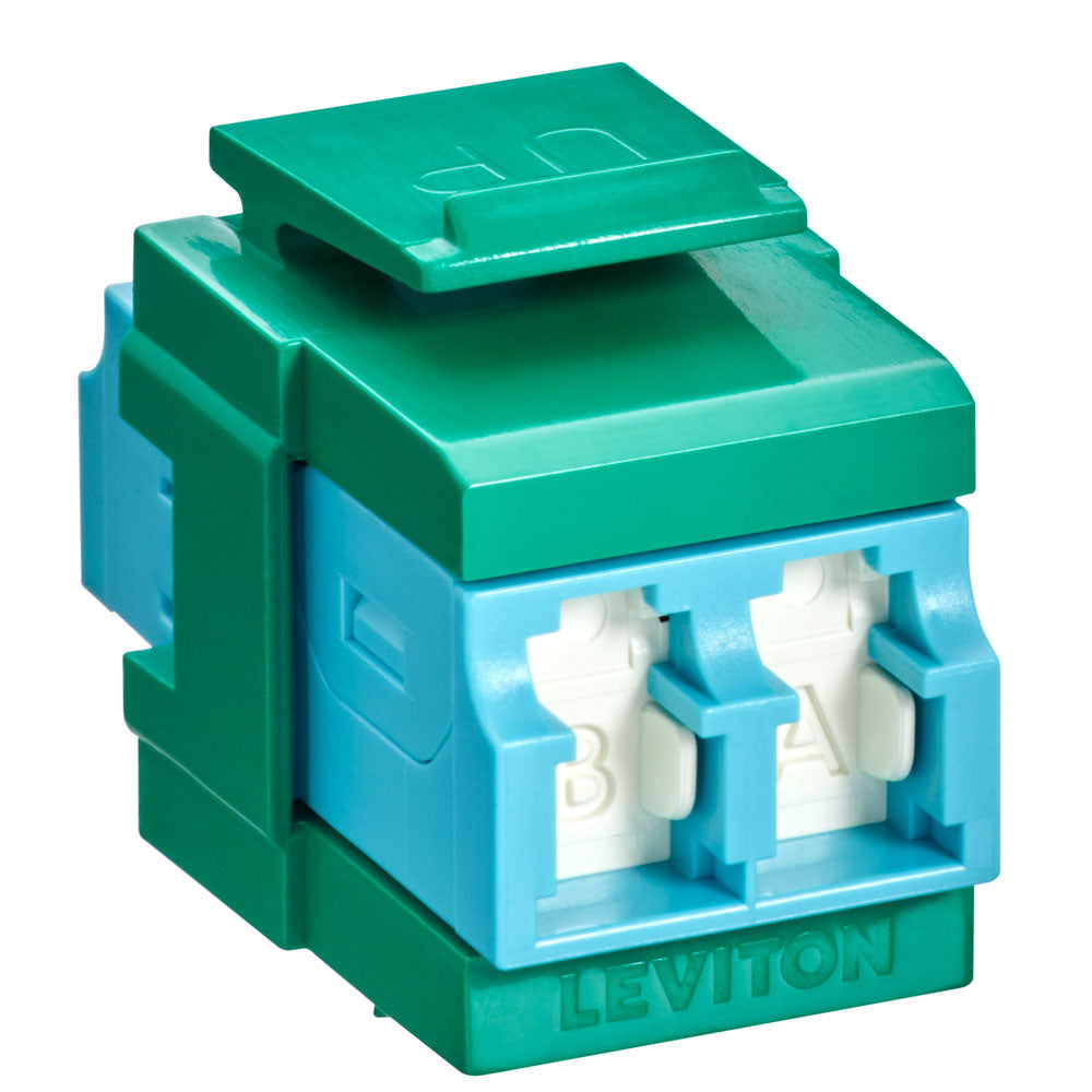 Leviton 41086-LLV | QuickPort Duplex LC Adapter, Shuttered, 10G LOMM, Zirconia Ceramic Sleeve, Aqua/Green