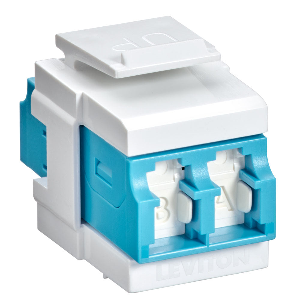 Leviton 41086-LLW | QuickPort Duplex LC Adapter, Shuttered, 10G LOMM, Zirconia Ceramic Sleeve, Aqua/White