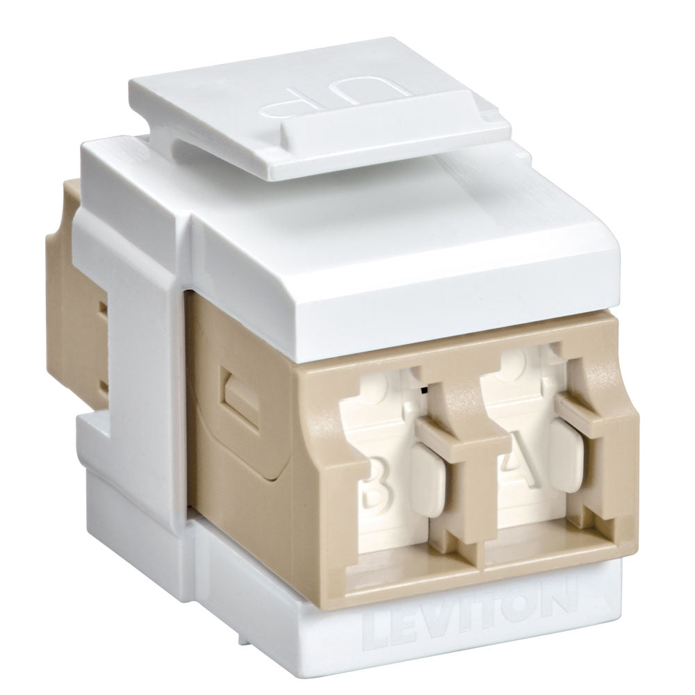 Leviton 41086-MLW | QuickPort Duplex LC Adapter, Shuttered, MM, Zirconia Ceramic Sleeve, Beige/White