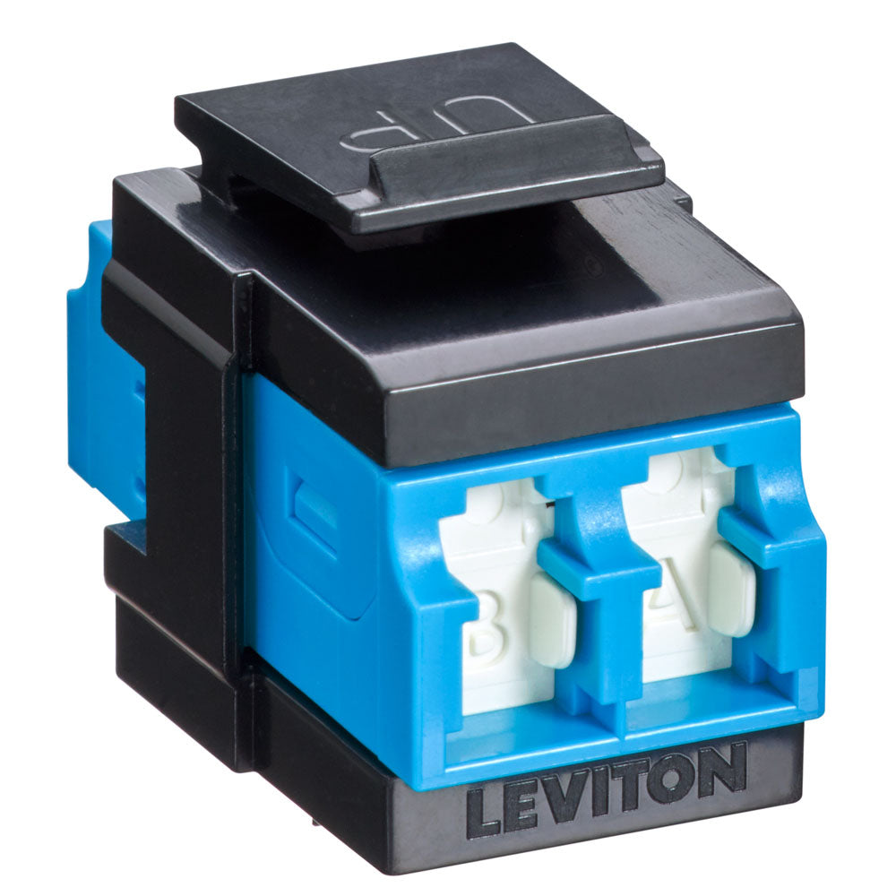 Leviton 41086-SLE | QuickPort Duplex LC Adapter, Shuttered, SM, Zirconia Ceramic Sleeve, Blue/Black