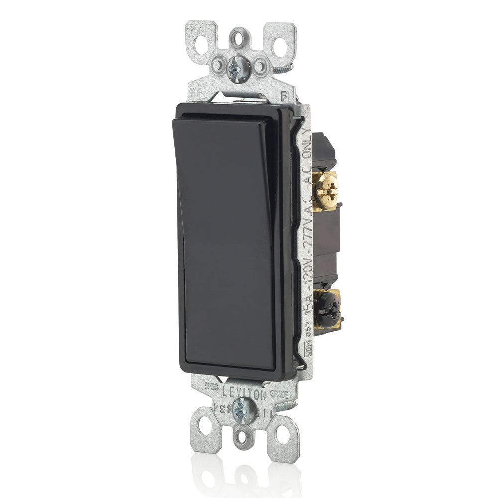 Leviton 5603-2E | 15 Amp, 120/277 Volt, Decora Rocker 3-Way AC Quiet Switch, Residential Grade, Grounding, Quickwire Push-In & Side Wired - Black