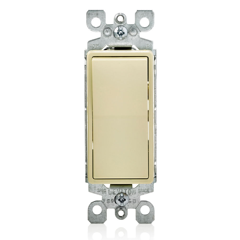 Leviton 5603-2I | 15 Amp, 120/277 Volt, Decora Rocker 3-Way AC Quiet Switch, Residential Grade, Grounding, Quickwire Push-In & Side Wired - Ivory