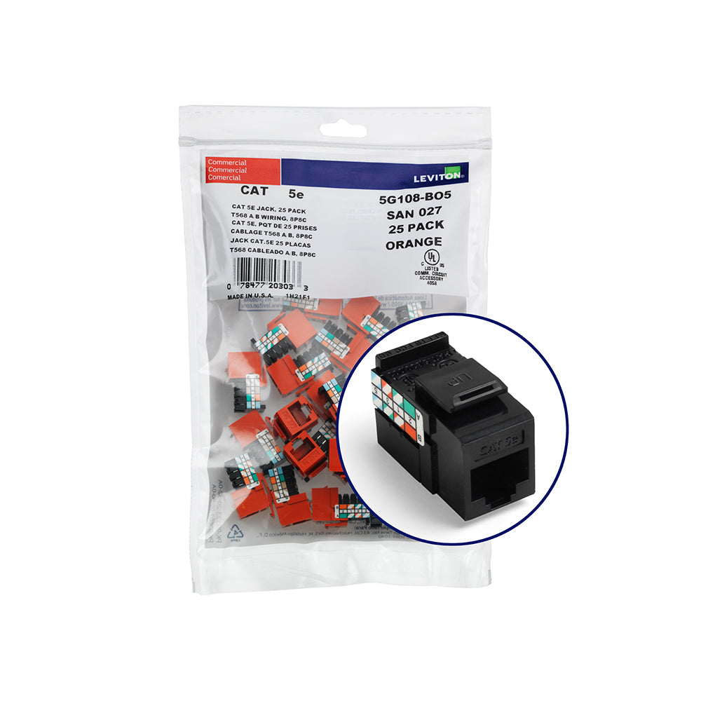 Leviton 5G108-BE5 | GigaMax Cat 5e QuickPort Jack QuickPack, 25-pack, Black