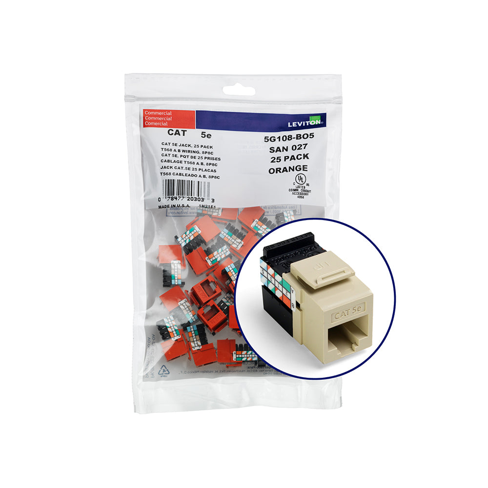 Leviton 5G108-BI5 | GigaMax Cat 5e QuickPort Jack QuickPack, 25-pack, Ivory