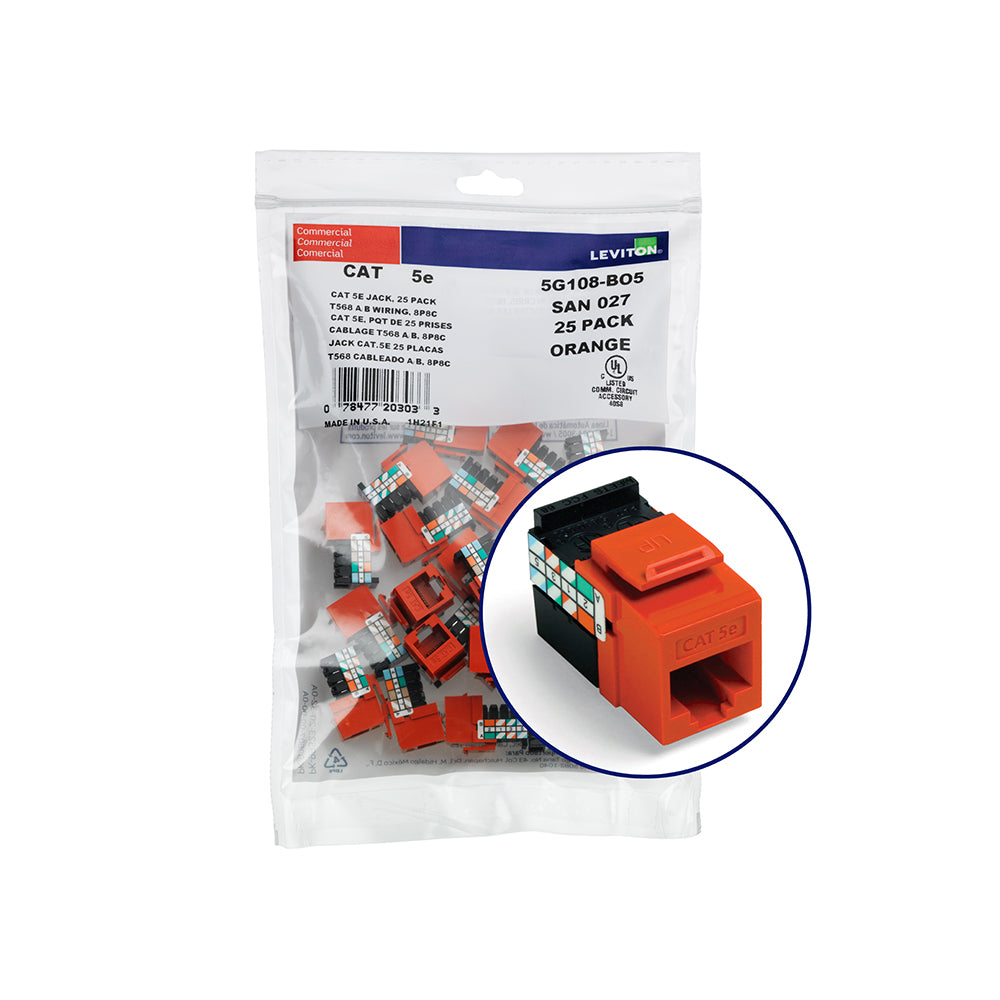Leviton 5G108-BO5 | GigaMax Cat 5e QuickPort Jack QuickPack, 25-pack, Orange