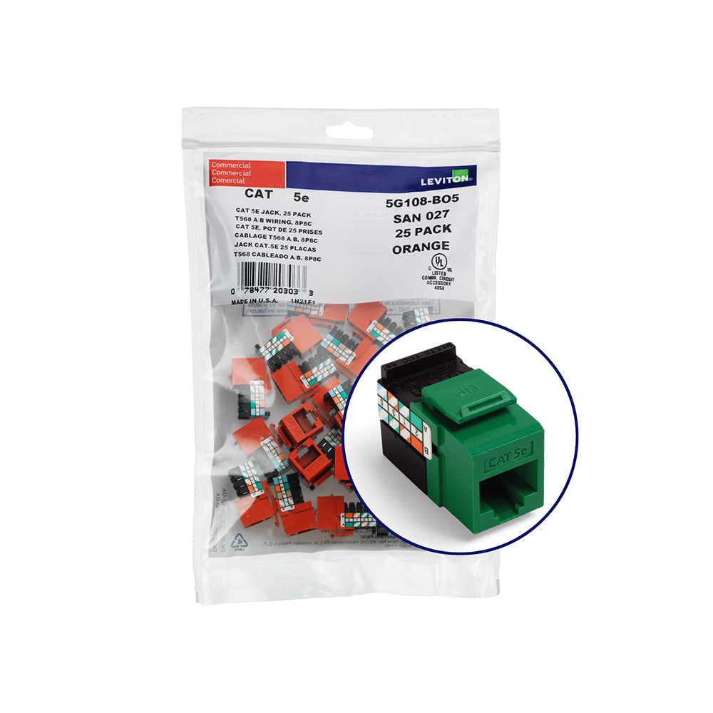Leviton 5G108-BR5 | GigaMax Cat 5e QuickPort Jack QuickPack, 25-pack, Dark Red