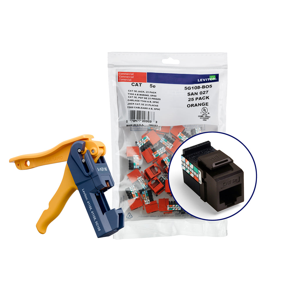 Leviton 5G108-JB5 | 150 GigaMax Cat 5e QuickPort Jacks, Bulk QuickPack, Brown, Kitted with JackRapid Tool