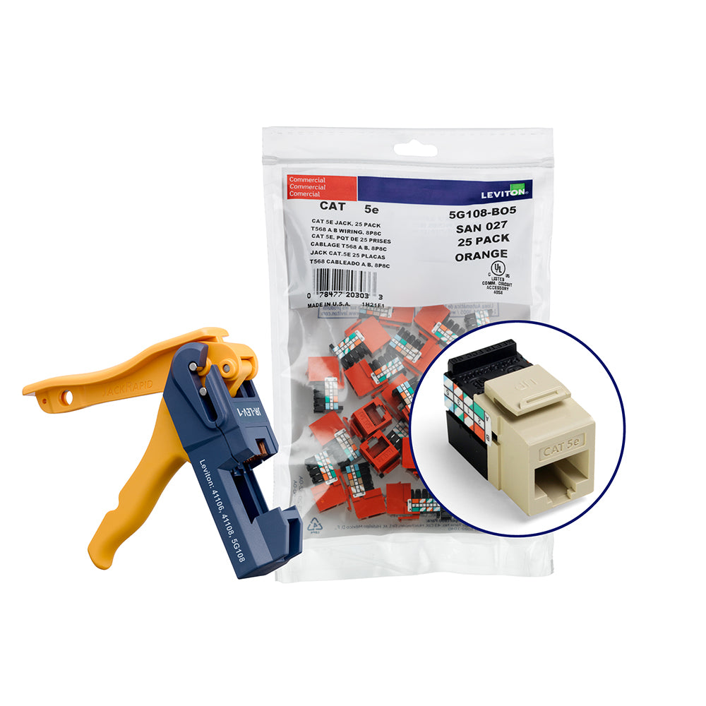 Leviton 5G108-JI5 | 150 GigaMax Cat 5e QuickPort Jacks, Bulk QuickPack, Ivory, Kitted with JackRapid Tool