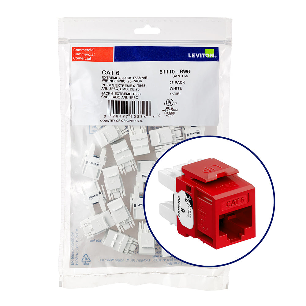 Leviton 61110-BC6 | eXtreme Cat 6 QuickPort Jack QuickPack, 25-pack, Crimson