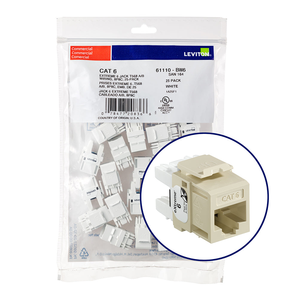 Leviton 61110-BI6 | eXtreme Cat 6 QuickPort Jack QuickPack, 25-pack, Ivory