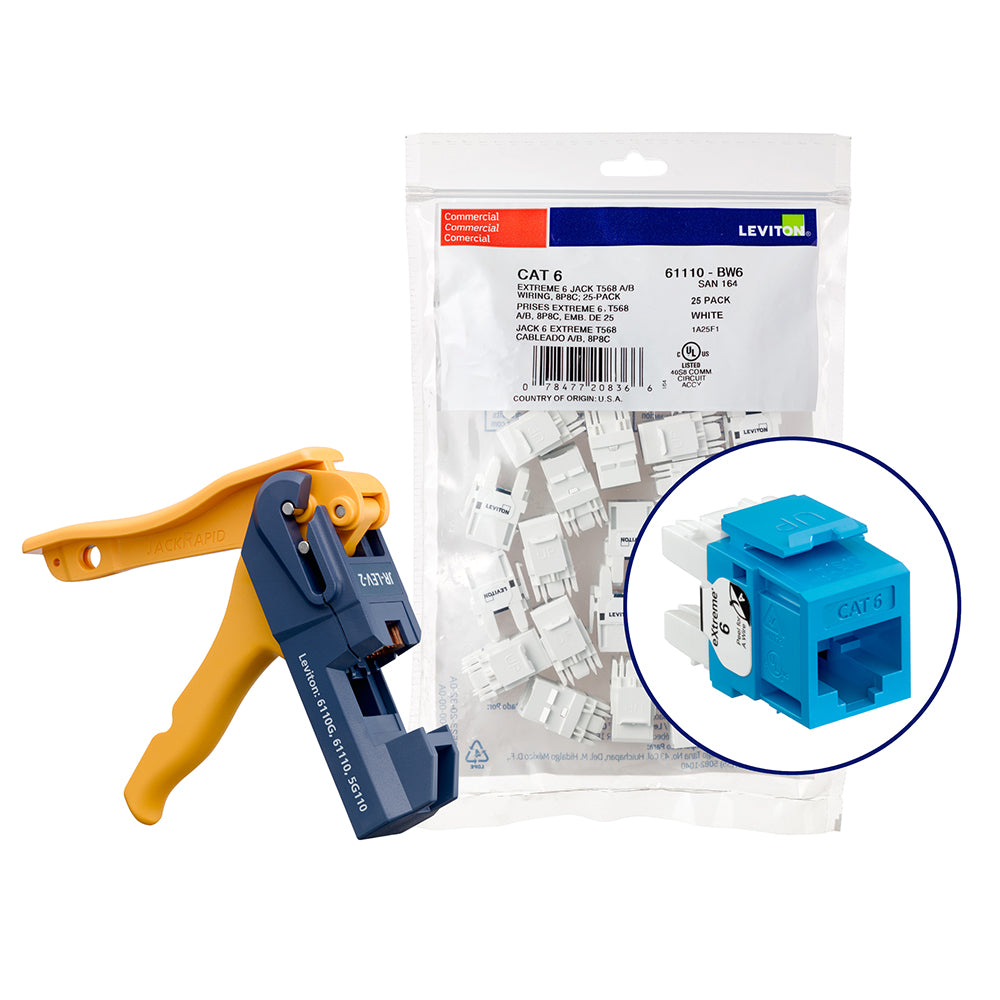 Leviton 61110-JL6 | 150 eXtreme Cat 6 QuickPort Jacks, Bulk QuickPack, Blue, Kitted with JackRapid Tool