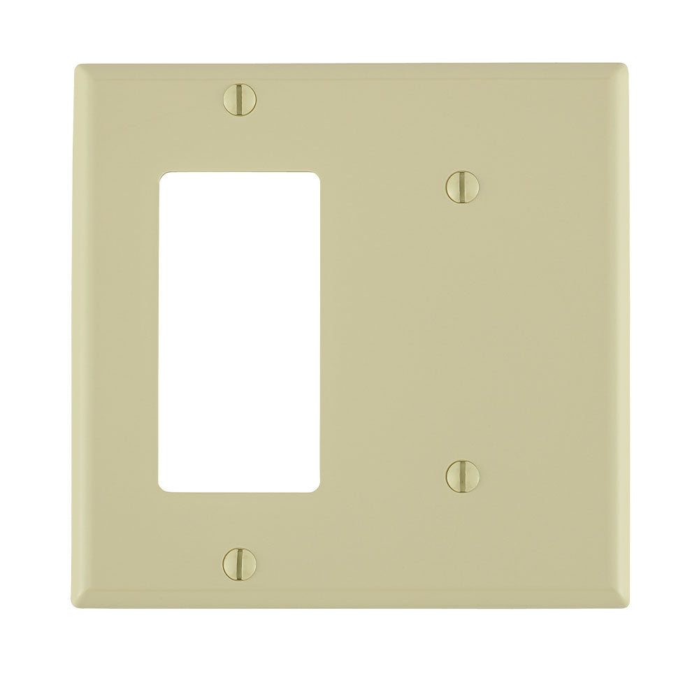 Leviton 80708-I | 2-Gang 1-Blank 1-Decora/GFCI Device Combination Wallplate, Standard Size, Thermoplastic Nylon, Strap Mount, Ivory