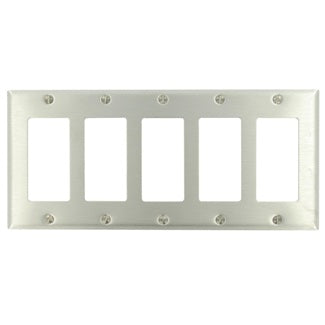 Leviton 84423-40 | 5-Gang Decora/GFCI Device Decora Wallplate/Faceplate, Standard Size, Brass, Device Mount - STAINLESS STEEL