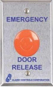 Alarm Controls TS-32 | Emergency Door Release Pushbutton, Mushroom, 1-Gang, Latching Action, 1No/1Nc, 10 Ampere 35 Volt Dc, 120 Volt Ac, Stainless Steel Wall Plate, 1.5" Red Button