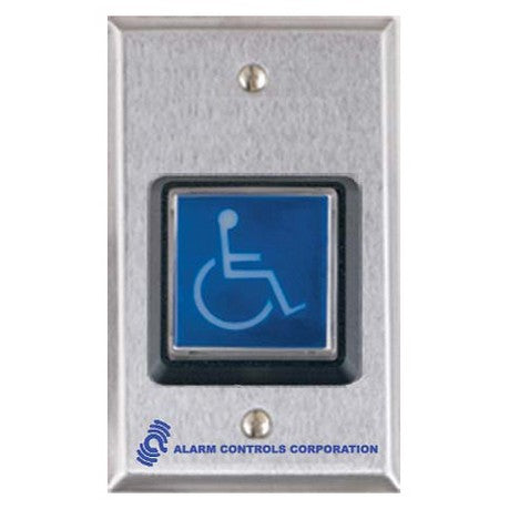 Alarm Controls TS-4 | Ul 2" Square Blue Illuminated Push Button, "Ada Symbol", Spdt 10A Continuous Contacts, Single Gang, Stainless Steel Plate