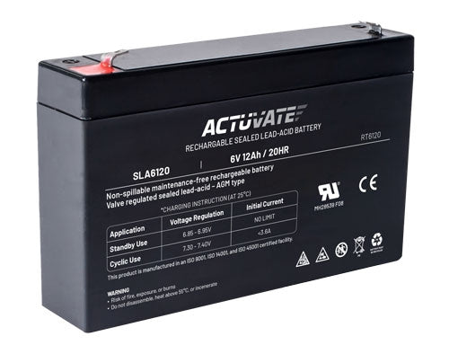 Actuvate SLA6120 | Battery, Sealed Lead Acid Battery, 6 V Output, 12 Ah Battery Capacity, F1 Terminal, 3.6 A, ABS Case