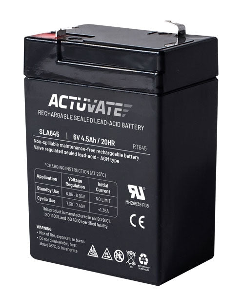 Actuvate SLA645 | Battery, Sealed Lead Acid Battery, 6 V Output, 4.5 Ah Battery Capacity, F1 Terminal, 1.35 A