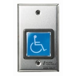 Alarm Controls TS-4 | Ul 2" Square Blue Illuminated Push Button, "Ada Symbol", Spdt 10A Continuous Contacts, Single Gang, Stainless Steel Plate