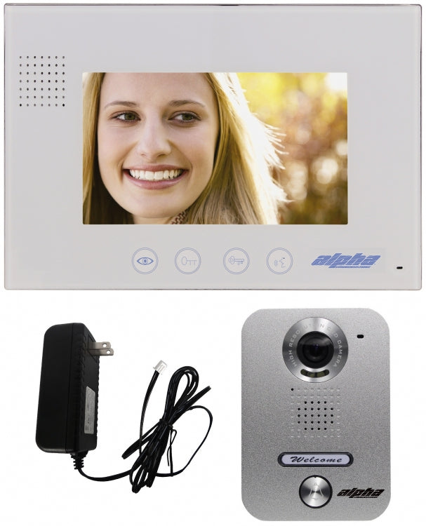 Alpha Communications VK237WS | Color Video Door Intercom Kit, Includes 1-Button Surface Mount Station, 7" White Monitor, Power Supply