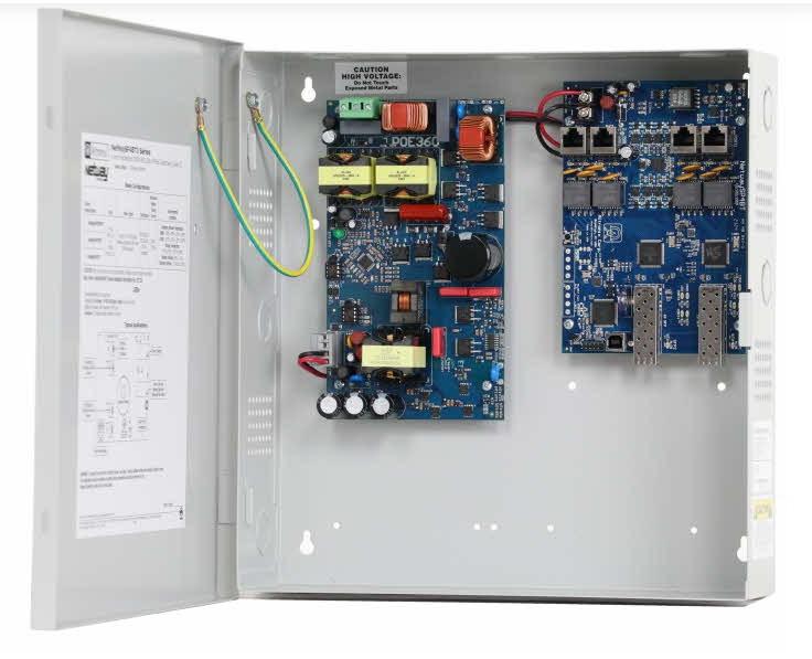 Altronix NETWAYSP4BTX3 | Dual Fiber Optic SFP 1G Link, 4-port Hardened Network Managed 802.3bt 4PPoE Switch and 320W Power Supply/Charger mounted in NEMA1 Rated Indoor Enclosure