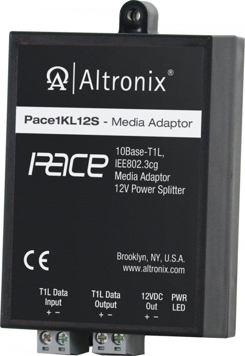 Altronix PACE1KL12S | Single Pair Ethernet Media Adapter/Power Splitter, IEEE 802.3cg Ethernet, 10Base-T1L SPE over UTP, 12VDC Power Output