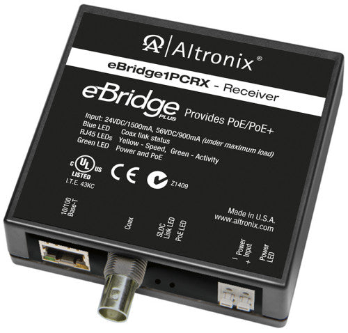 Altronix EBRIDGE1PCRX | EoC Single Port Receiver, 25Mbps, Generates PoE/PoE+, 24/56VDC, Requires Compatible Transceiver