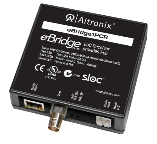 Altronix EBRIDGE1PCR | EoC Single Port Receiver, 25Mbps, Generates PoE, 24VDC or 24VAC, Requires Compatible Transceiver