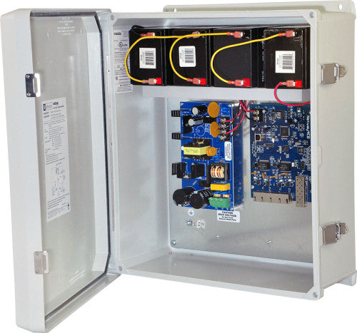 Altronix NETWAY4EWPX | Single 1G Fiber SFP, 4 port 10/100/1000 PoE/PoE+ configurable for 2x 60W Hi-PoE; Hardened 120W Power Supply/Battery Charger & Switch Boards mounted in larger NEMA4/4X, IP66 rated Outdoor enclosure; LINQ