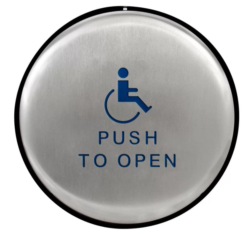 BEA Inc 10EMR61 | 6" Round "Push to Open" Wireless Push Plate (Text & Accessibility Logo, 433 MHz)