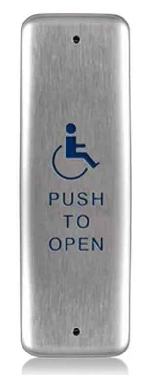 BEA Inc 10PBJMS1 | 1.75" x 4.5" Jamb Stainless Steel "Push to Open" Push Plate with Microswitch (Text & Accessibility Logo)