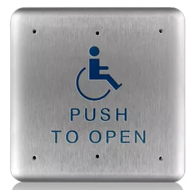 BEA Inc 10PBS61 | 6" Square Stainless Steel "Push to Open" Push Plate (Text & Accessibility Logo)