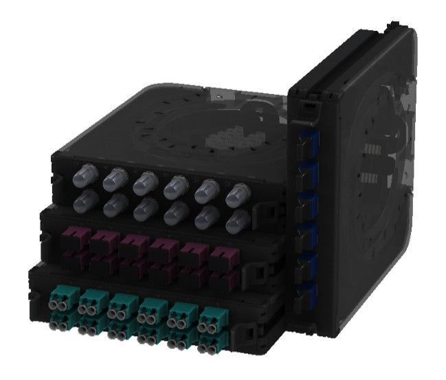 Belden FC1X12LDFS | FX ECX Faceplate and Panel Cassette, Plastic, 24-Fiber, 12-Port, LC Duplex, Beige/Black, 8.74 L x 1.3 H x 6.34 W in.