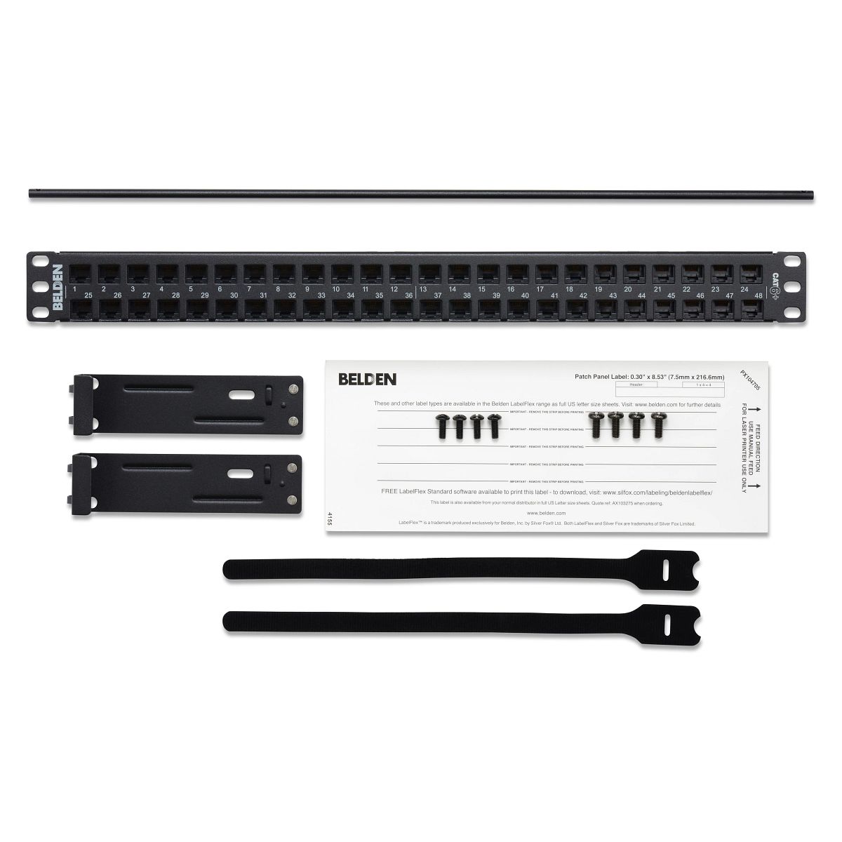 Belden AX104591 | Coupler Patch Panel, Steel, Cat 6+, 48-Port, 1U Rack, Flushfort Connection, Black, 44.45 H x 482.6 W x 33.02 mm D