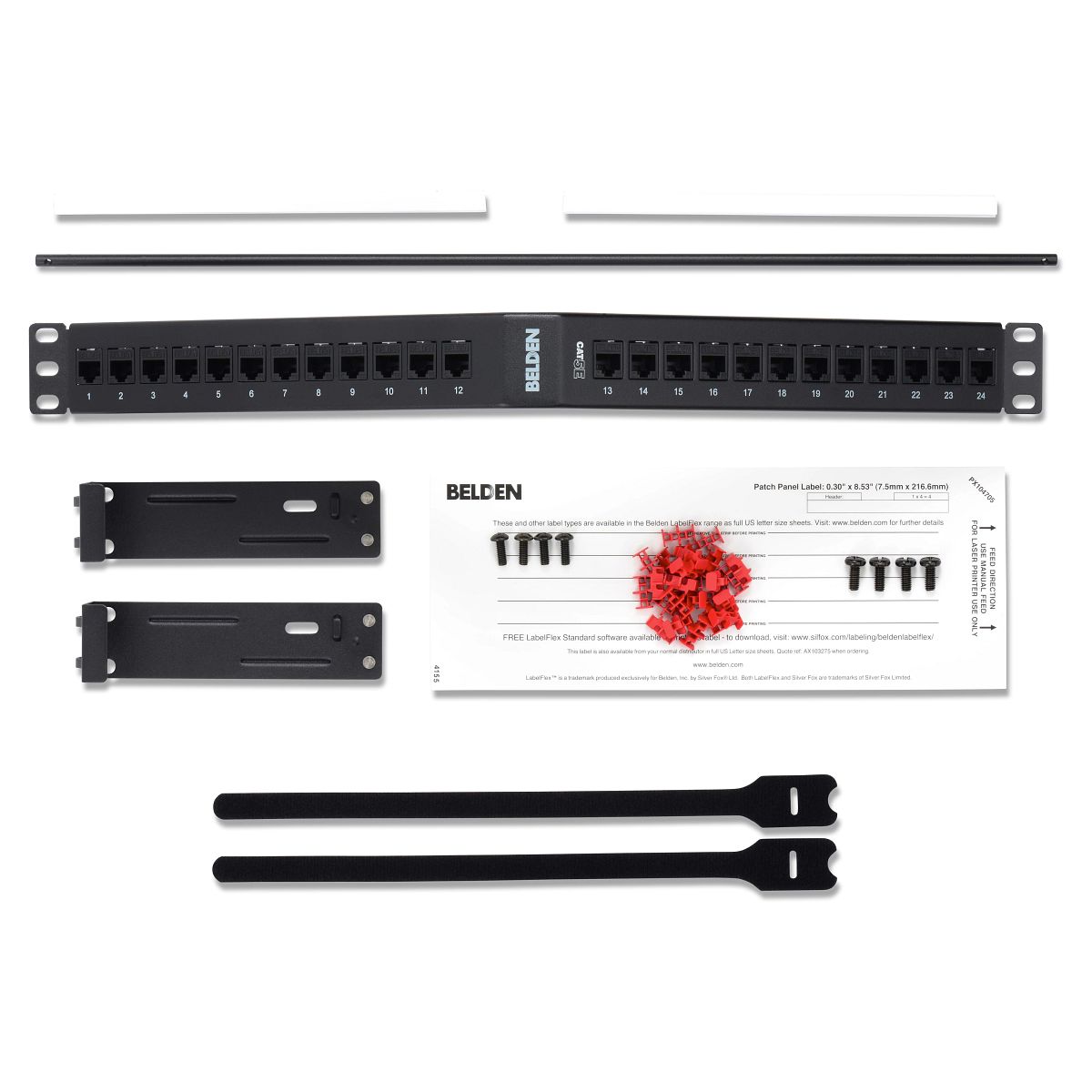 Belden AX105357 | Angled Patch Panel, Steel, Cat 5E, 24-Port, 1U Rack, Angled Front Connection, Black, 44.4 H x 482.6 W x 265.1 mm D