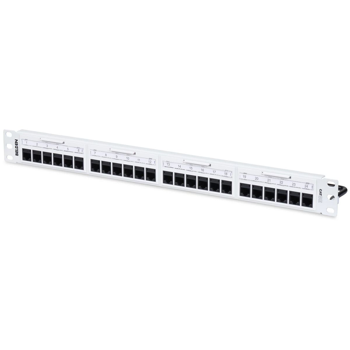 Belden RV5PPF1U24BK | Flat Patch Panel, Steel, Cat 5E, 24-Port, 1U Rack, Flush Front Connection, Black, 1.73 H x 19 W x 2 in. D