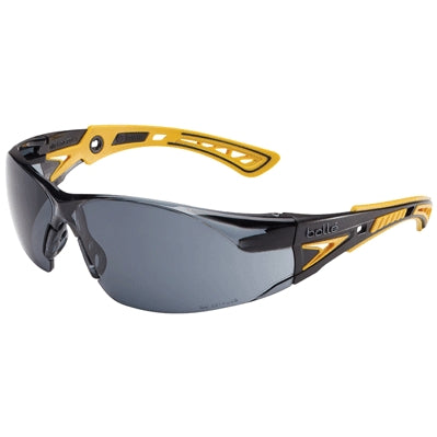Bolle 40244 | Rush+ Safety Glasses, Black/Yellow Frame, Smoke Anti-Scratch/Anti-Fog Lens