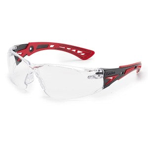 Bolle 41080 | Rush+ Safety Glasses, Black/Red Frame, Clear Anti-Scratch/Anti-Fog Lens and Platinum Coating