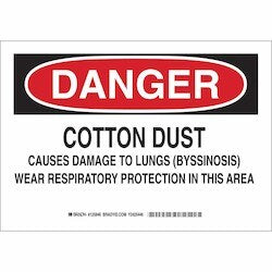 Brady Corporation 125846 | Danger Cotton Dust Causes Damage To Lungs (Byssinosis) Wear Respiratory Protection" This Area Sign, 7" H X 10" W X 0.006" D, Polyester