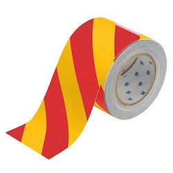 Brady Corporation 132432 | Toughstripe Floor Marking Tape Roll - Polyester, Diagonal Stripes, Red On Yellow, 4" X 100’