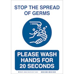 Brady Corporation 170680 | Stop Germs Wash 20 Sec Sign Polystyrene 10 In H X 7 In W Blue On White