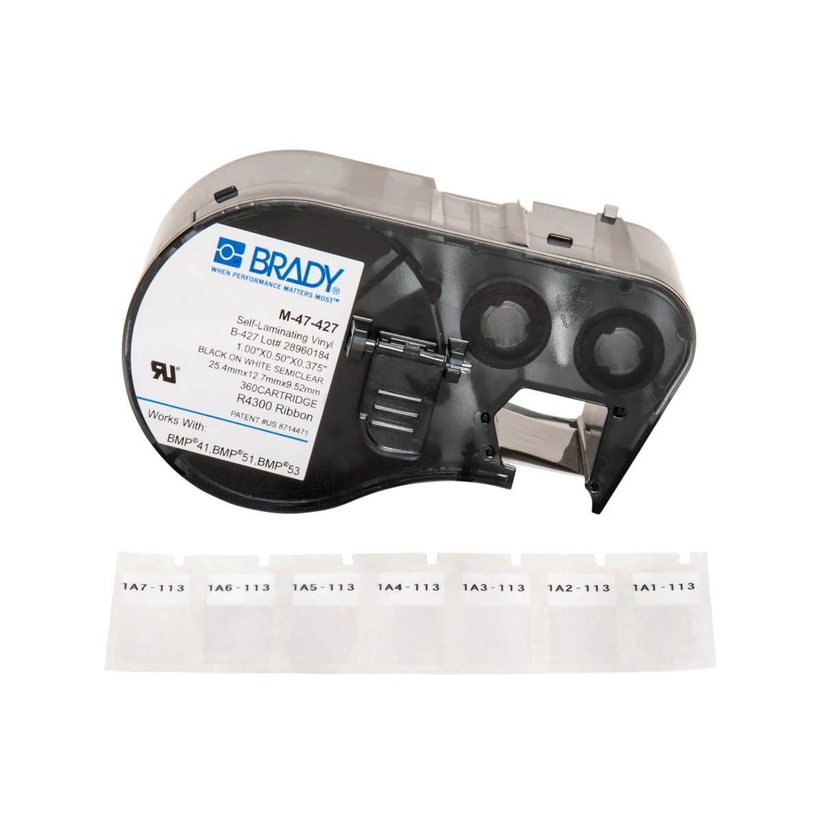 Brady Corporation M-47-427 | M-Series Label Maker Cartridge, Black/White, 1 in. L, 3/8 in. (Print)