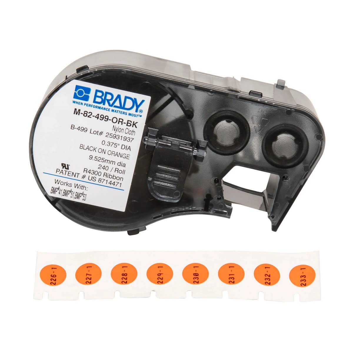 Brady Corporation M-82-499-OR-BK | Printer Label, Nylon, Matte, Circle, Black/Orange, 0.0065 in. Thick, 0.375 in. Dia.