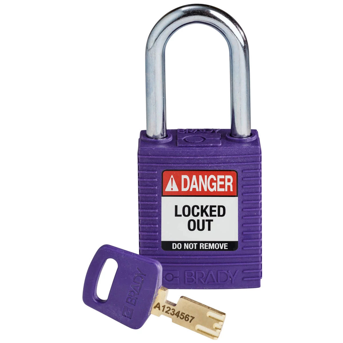 Brady Corporation NYL-PRP-38ST-KD | SafeKey Lockout Padlock Nylon Purple 1.5 in. Steel Shackle, Keyed Different